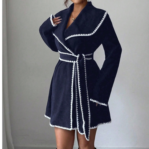 Solid Wide Collar Color block Belted jacket Coat - Picture 8 of 8